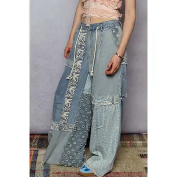 POL  Bluewander Patchwork Wide-Leg Pants Size Various - Picture 3 of 10